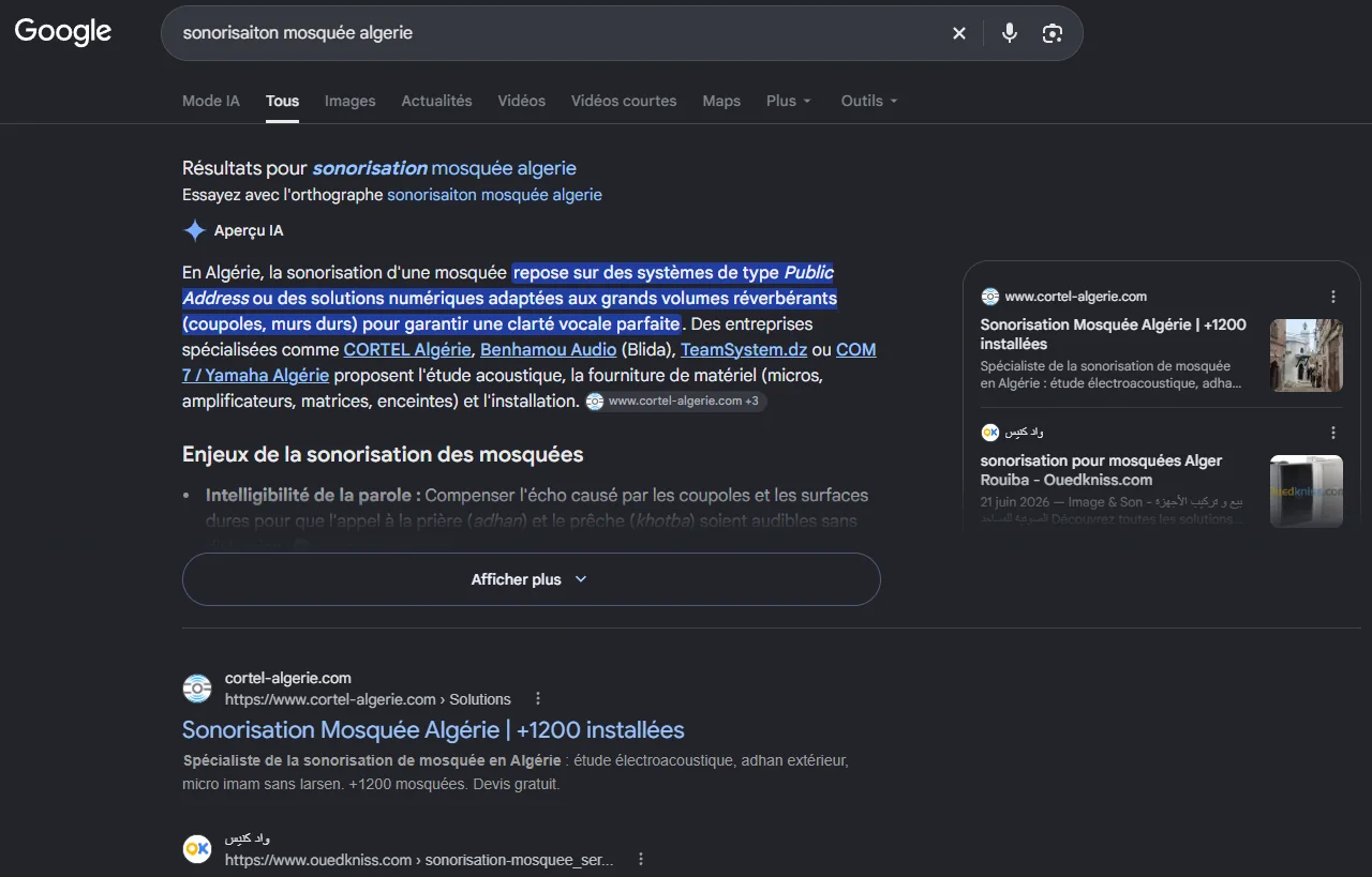 Cortel Algérie premier résultat Google sur sonorisation mosquée Algérie, référencement par InTouch
