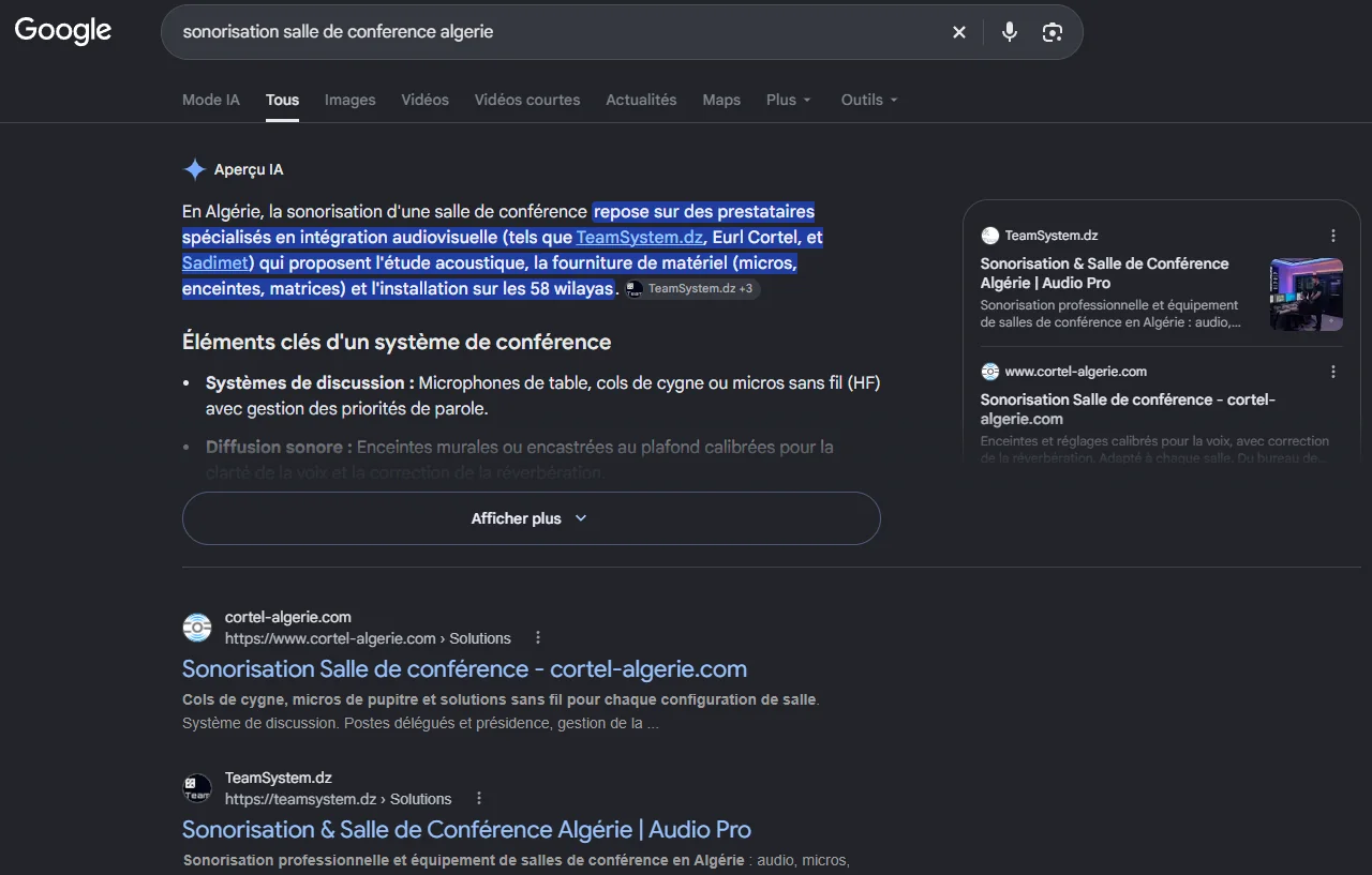 Aperçu IA de Google citant Cortel Algérie pour la sonorisation de salle de conférence en Algérie