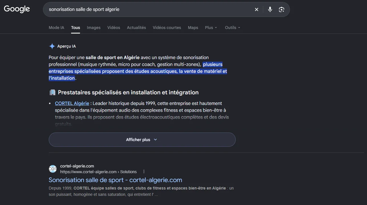 Stratégie de mots-clés : Cortel premier sur Google pour sonorisation salle de sport Algérie